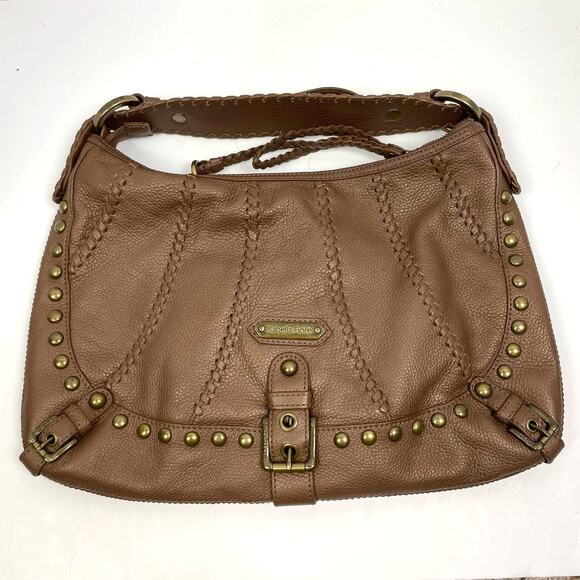 Isabella Fiore | Whip Flashback Audra Brown Pebble Leather Studded Hobo Handbag - Picture 1 of 11